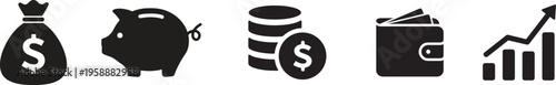 Financial icons including money bag, piggy bank, coins, wallet, and growth chart in vector graphic design