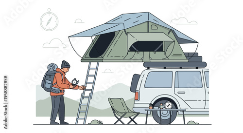 Adventure Camping Setup With Rooftop Tent And Explorer Person
