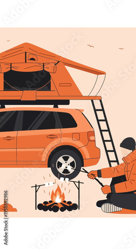 Adventure Camping Trip With Rooftop Tent And Roasting Marshmallows By Firelight