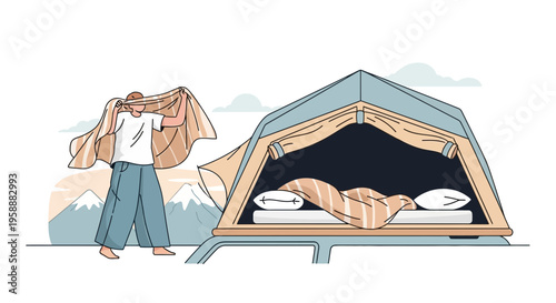 Adventure Camping Scene Person Preparing Tent with Cozy Bedding Outdoors