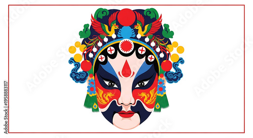 A colorful vector graphic illustration of a Chinese opera mask with intricate designs and patterns
