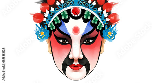 A colorful illustration of a Chinese opera mask with floral headdress and bold makeup