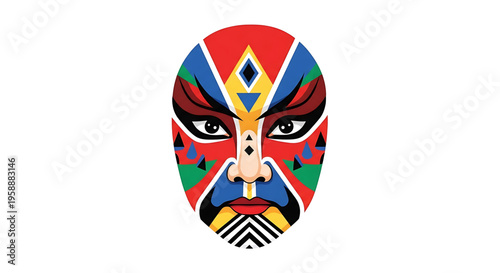 A colorful, stylized illustration of a face with a mix of bold, geometric patterns and vibrant colors, representing a unique blend of art and culture.