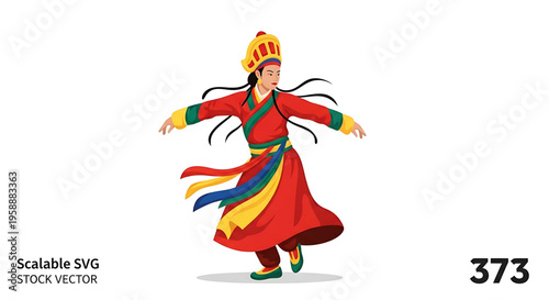 A colorful illustration of a dancer in traditional attire performing a dynamic movement.