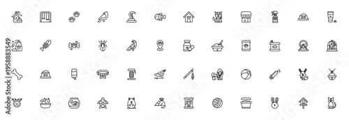 Pets icon set. Vector pet care collection. Includes dog, cat, fish, bird, food, toy, leash, veterinary symbols and more. Minimal line icons.