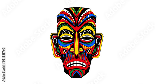 A colorful, vibrant tribal mask illustration with intricate designs and patterns, used for cultural or symbolic representation.