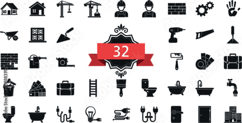 Construction and home improvement icons set including house tools worker equipment plumbing electricity and building symbols black silhouette vector collection
