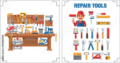 Detailed repair tools vector illustration with mechanic character workbench equipment set including hammer wrench drill screwdriver pliers and workshop elements