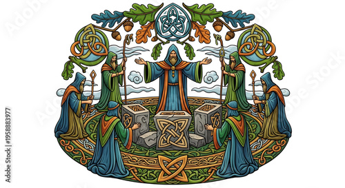 A colorful Celtic-inspired illustration of a druid surrounded by robed figures in a mystical setting.