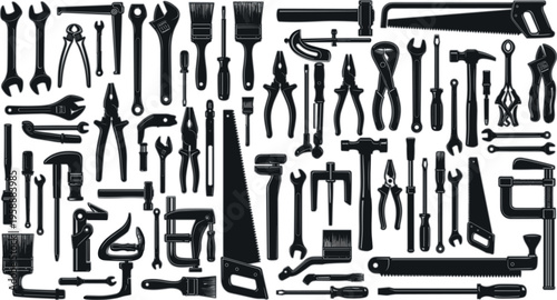 Extensive hand tool silhouette collection featuring wrenches pliers hammers saws screwdrivers clamps and workshop equipment isolated black vector set