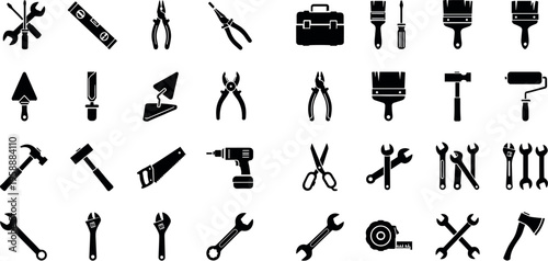 Set of construction and repair tool icons in black silhouette style including hammer wrench drill pliers saw paint brush and workshop equipment vector