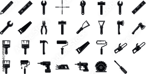 Set of construction and repair tool icons in black silhouette style including hammer wrench drill saw paint roller screwdriver and pliers vector collection
