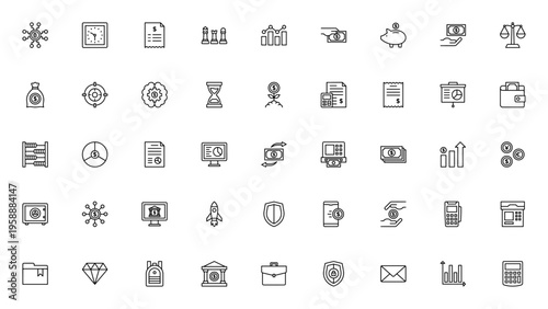 Finance icon set. Vector symbols for Bitcoin, investment, banking, analytics, economy, payment, profit and more. Minimalist editable illustrations.