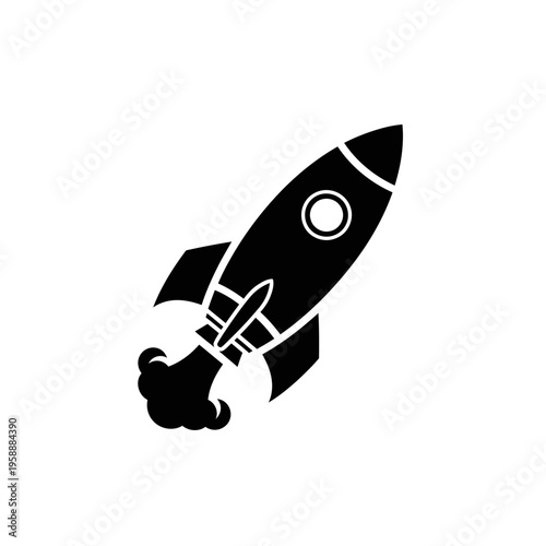 Streamlined black rocket icon ascending with smoke, representing innovation, rapid progress, startup launch, and technological aspiration