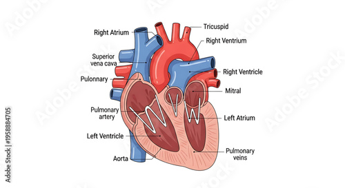 A detailed vector graphic illustration of a human heart with labeled parts for medical and educational use
