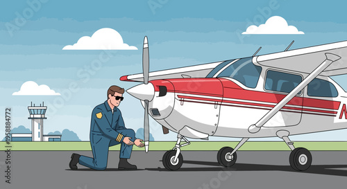 Pilot inspecting a red and white airplane on the tarmac with blue sky and clouds above