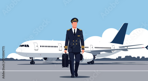 Pilot walking with luggage in front of airplanes on airport tarmac