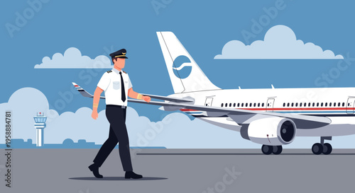 Pilot walking confidently alongside an airplane on the tarmac with clouds in the background