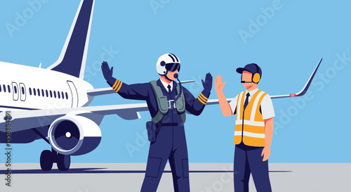 Pilot and ground crew interacting on airport tarmac with airplane wing in background