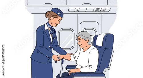 Flight attendant assisting elderly passenger with boarding a commercial airplane cabin
