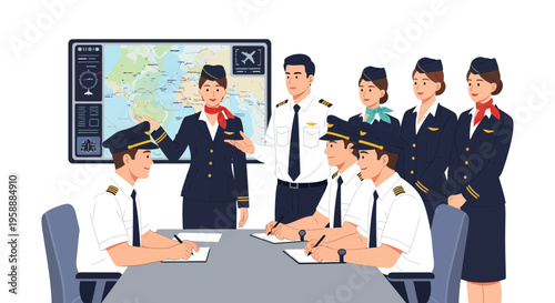 Flight crew in a briefing session with a flight attendant explaining a map