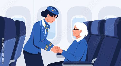 Flight attendant provides caring assistance to an elderly passenger inside an airplane cabin during travel.