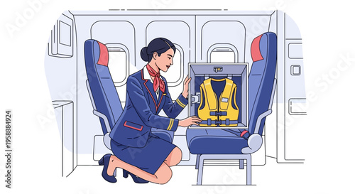 Flight attendant demonstrating airplane safety equipment with a yellow life vest inside a cabin