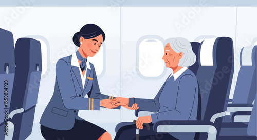 Flight attendant provides attentive care and assistance to an elderly passenger seated inside an airplane cabin