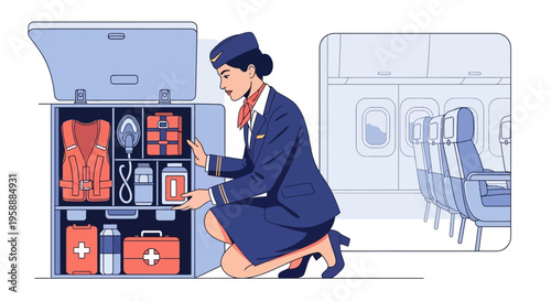 A flight attendant checks the airplane's medical kit and safety equipment in the cabin