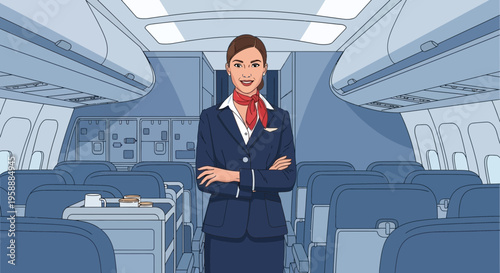 A confident female flight attendant in a blue uniform with a red scarf, standing in the aisle of an airplane cabin.