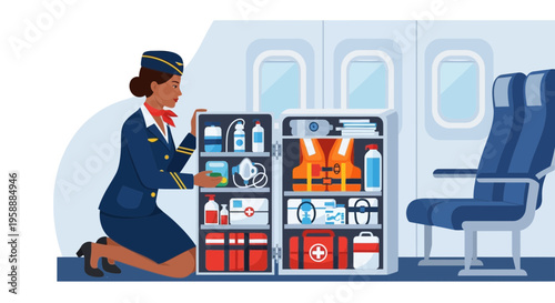 Flight attendant checking airplane safety and emergency equipment storage