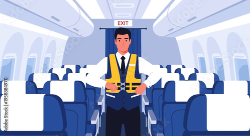 Flight attendant demonstrating safety vest inside airplane cabin with exit sign visible