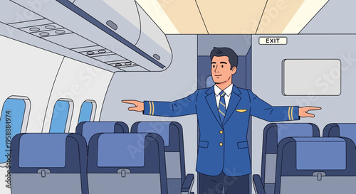 A smiling pilot in uniform gestures inside an airplane cabin near the seats