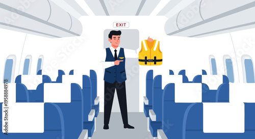 Airplane steward demonstrates safety vest near the exit door amidst passenger seats