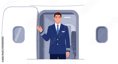 A friendly pilot in uniform welcomes passengers inside an airplane cabin