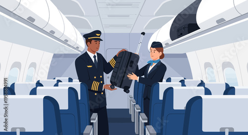 Pilot and Stewardess Assisting with Luggage Inside an Airplane Cabin