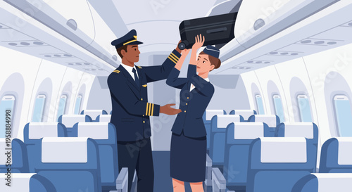 Pilot and stewardess collaborate to stow luggage in an airplane cabin during boarding.