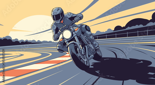 Dynamic motorcycle rider speeds around a sunlit race track, leaning into a sharp curve with intense focus