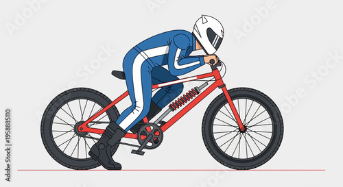 Dynamic illustration of a cyclist in a blue racing suit and helmet, riding a red bicycle
