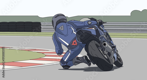 Dynamic motorcycle racer leaning into a sharp corner on a sunlit race track