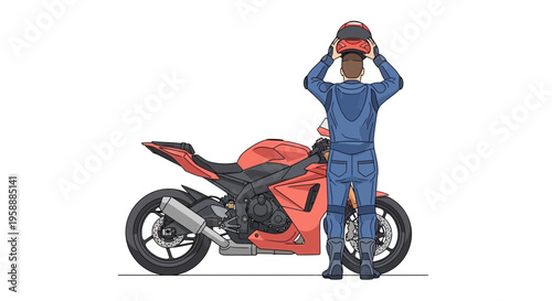 Racer in blue gear prepares to don red helmet next to a sportbike