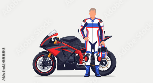 Illustrative depiction of a male motorcycle racer in full racing gear standing beside a sportbike