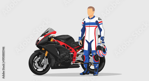 Professional motorcycle racer in racing suit with helmet standing beside a sport bike