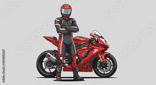 A Red Sportbike Motorcycle With A Racer In Full Gear Posed Beside It