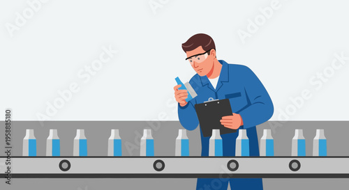 Factory worker in blue uniform inspecting bottles on a conveyor belt with clipboard