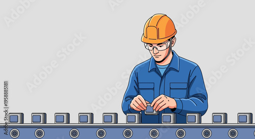 Focused factory worker wearing hard hat and safety goggles assembling electronic components on a conveyor belt