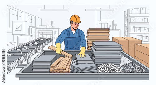Construction worker in factory handling lumber and tiles, industrial manufacturing scene