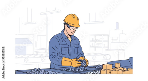 Factory worker examining raw materials on a production line wearing safety gear