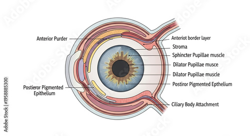 A detailed vector graphic illustration of the human eye anatomy, showing its various labeled parts.