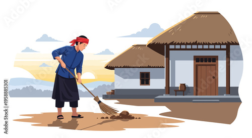 A person with a red headband sweeping the ground outside a traditional thatched-roof house at sunrise